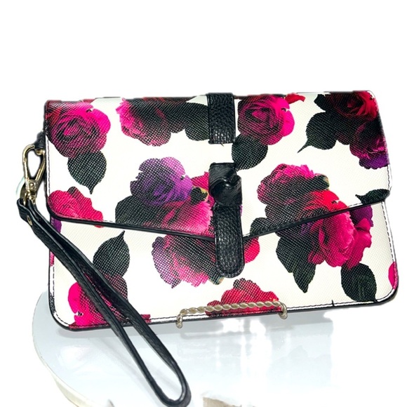 Charming Charlie Handbags - Charming Charlie Floral Rose Clutch Bag Purse Black Pink Purple Magnetic, NWOT
